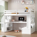 Lit mezzanine pleine grandeur avec bureau et étagères, 2 tiroirs intégrés, escalier de rangement, blanc et naturel