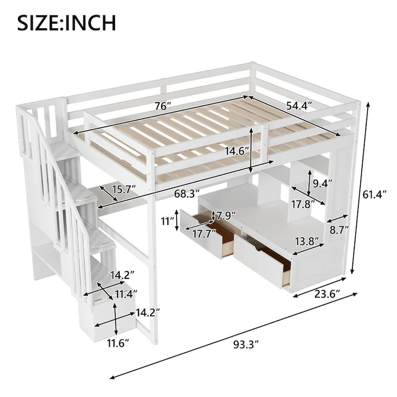 Lit mezzanine pleine grandeur avec bureau et étagères, 2 tiroirs intégrés, escalier de rangement, blanc et naturel