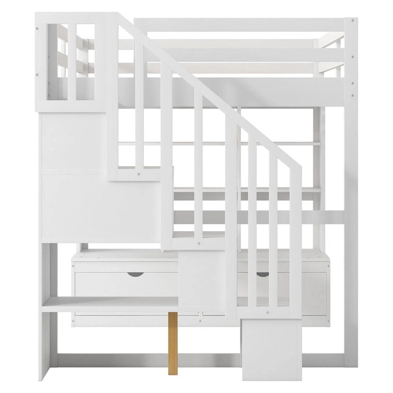Lit mezzanine pleine grandeur avec bureau et étagères, 2 tiroirs intégrés, escalier de rangement, blanc et naturel
