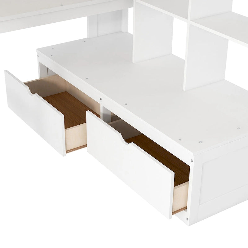 Lit mezzanine pleine grandeur avec bureau et étagères, 2 tiroirs intégrés, escalier de rangement, blanc et naturel