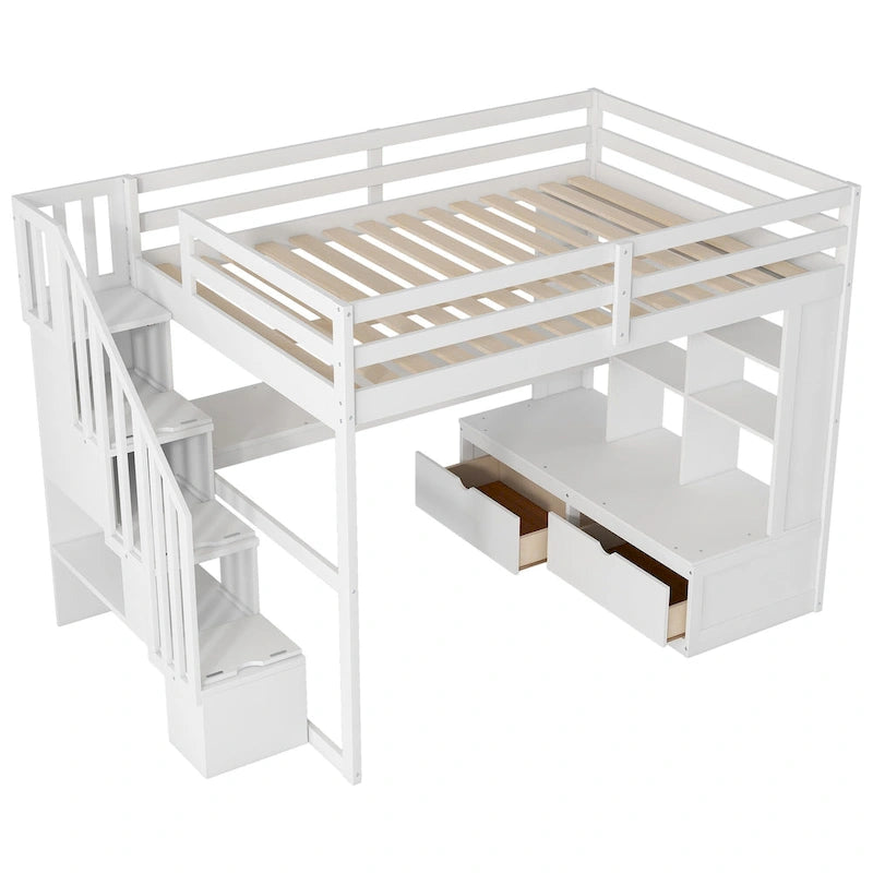 Lit mezzanine pleine grandeur avec bureau et étagères, 2 tiroirs intégrés, escalier de rangement, blanc et naturel