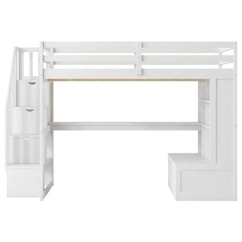 Lit mezzanine pleine grandeur avec bureau et étagères, 2 tiroirs intégrés, escalier de rangement, blanc et naturel