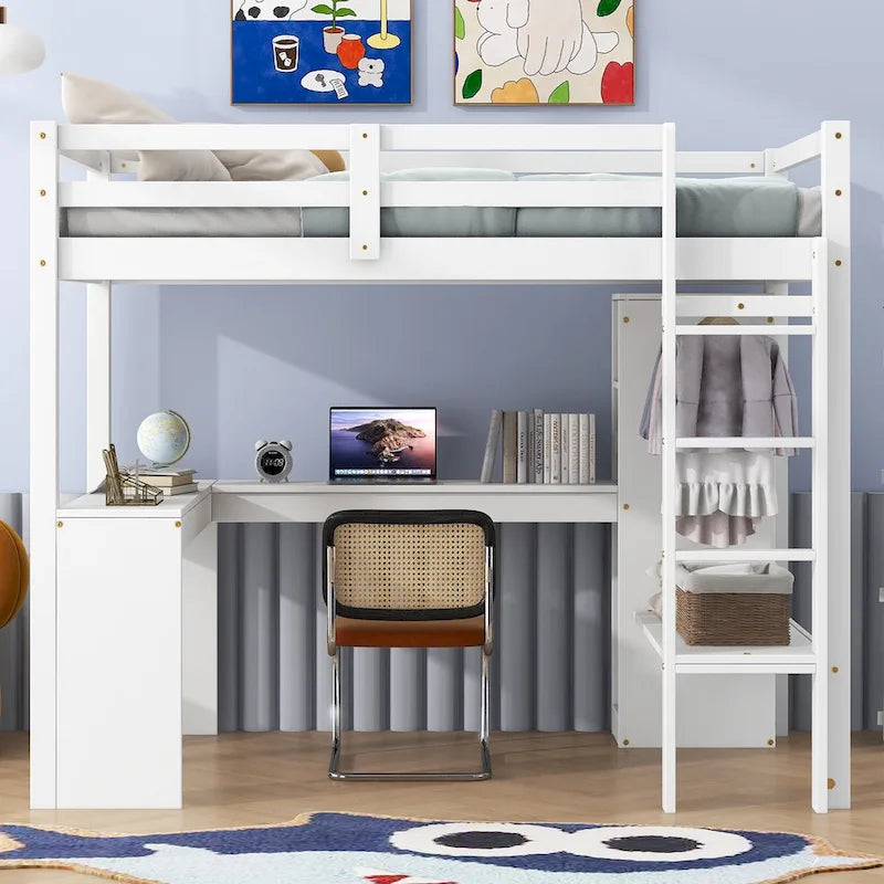 Lit mezzanine simple avec bureau en L, armoire et étagères de rangement, gris