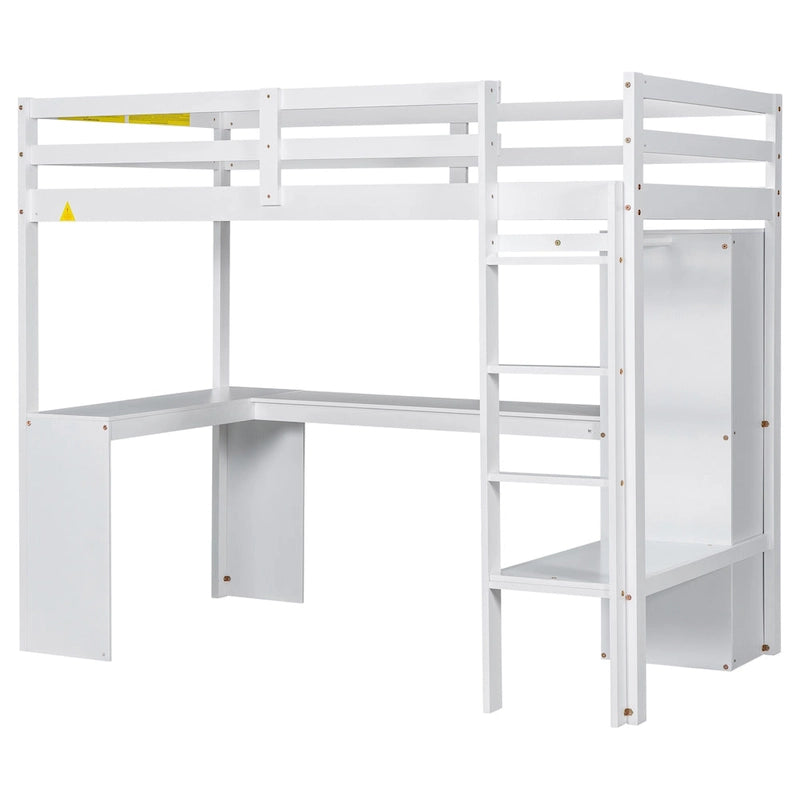 Lit mezzanine simple avec bureau en L, armoire et étagères de rangement, gris