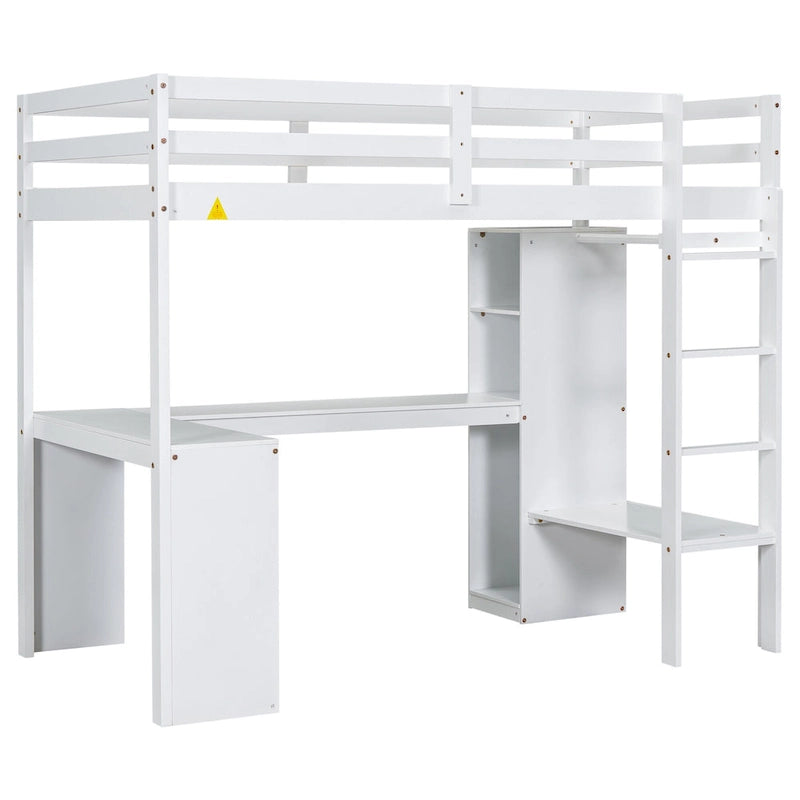 Lit mezzanine simple avec bureau en L, armoire et étagères de rangement, gris