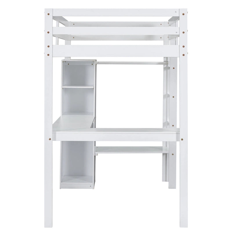 Lit mezzanine simple avec bureau en L, armoire et étagères de rangement, gris