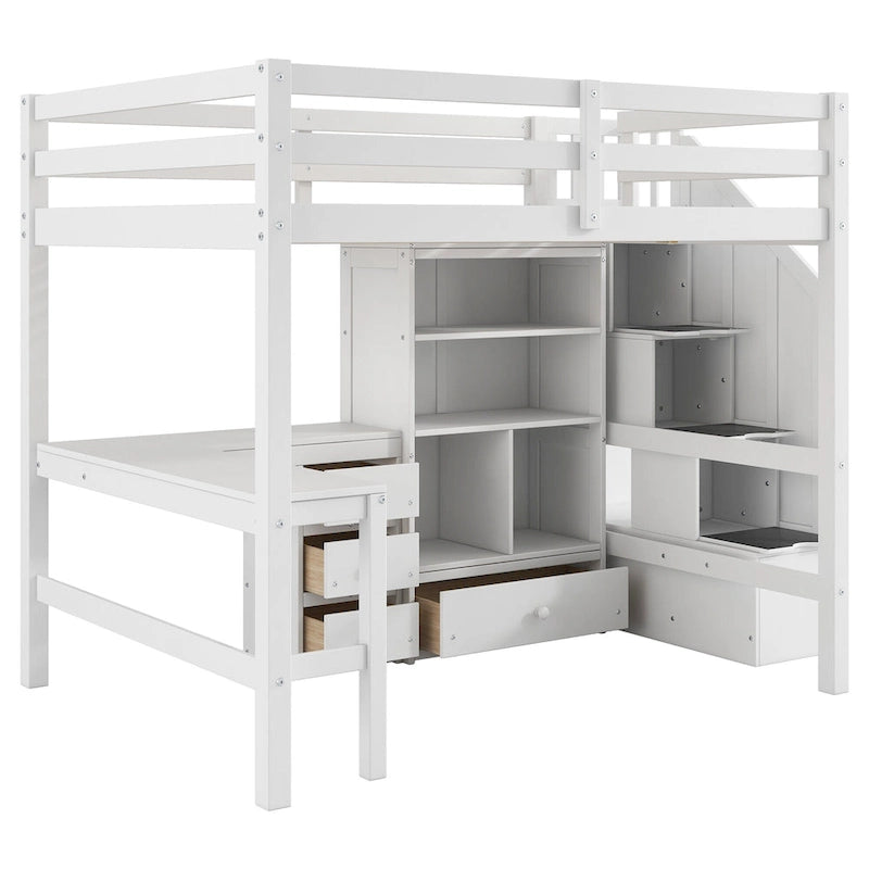 Lit mezzanine pleine grandeur avec bureau en L et tiroirs, armoire et escalier de rangement, gris