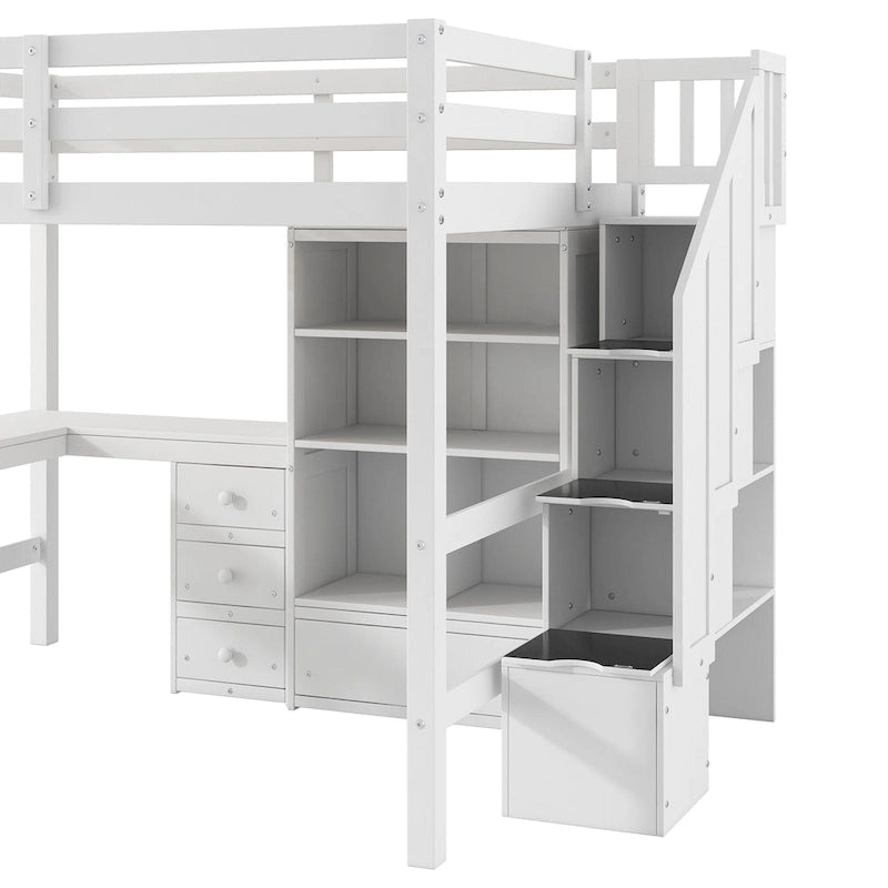 Lit mezzanine pleine grandeur avec bureau en L et tiroirs, armoire et escalier de rangement, gris