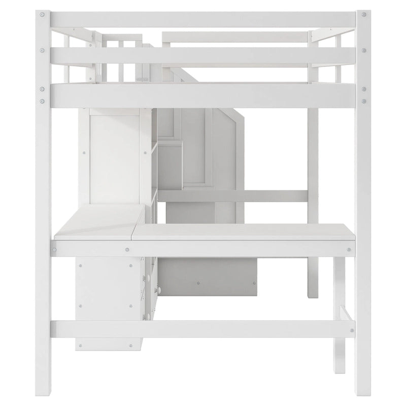 Lit mezzanine pleine grandeur avec bureau en L et tiroirs, armoire et escalier de rangement, gris