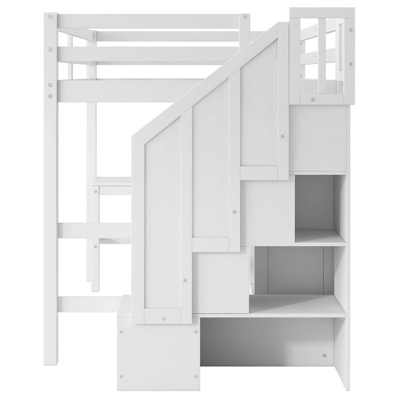 Lit mezzanine pleine grandeur avec bureau en L et tiroirs, armoire et escalier de rangement, gris