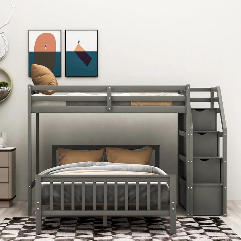 Twin over Full Loft Bed with Staircase, Storage Bed, White