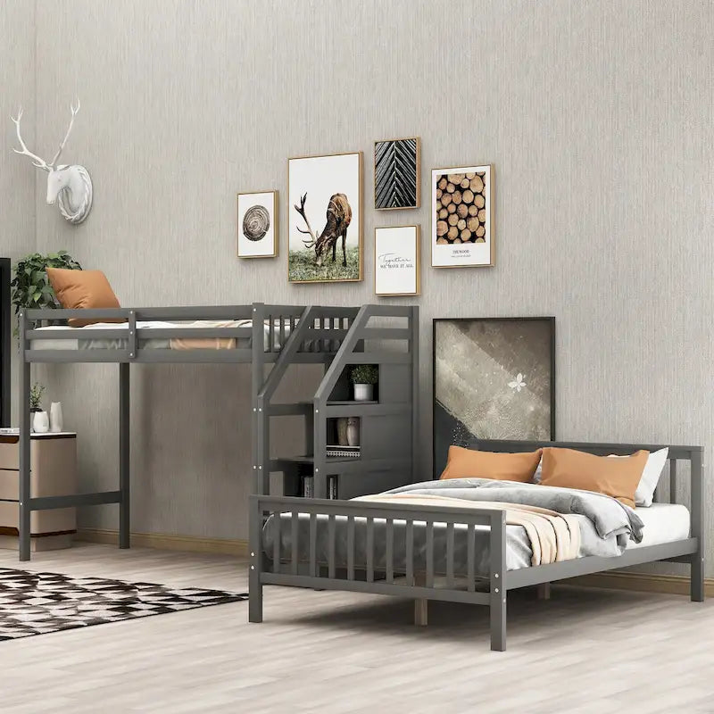 Lit mezzanine double sur grand avec escalier, lit de rangement, blanc