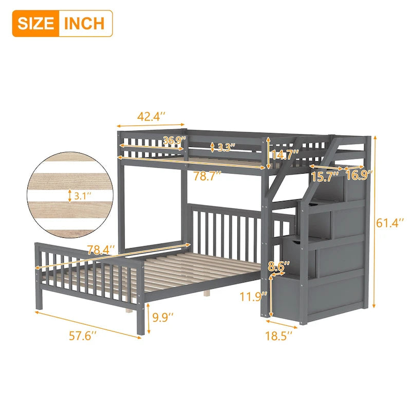 Lit mezzanine double sur grand avec escalier, lit de rangement, blanc