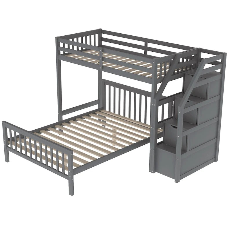 Lit mezzanine double sur grand avec escalier, lit de rangement, blanc
