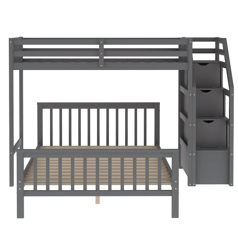 Lit mezzanine double sur grand avec escalier, lit de rangement, blanc