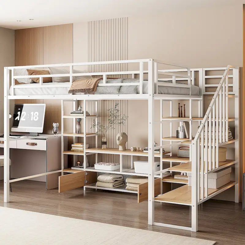 Full Size Metal Loft Bed with Staircase, Low Storage Table and Storage Shelves, Black
