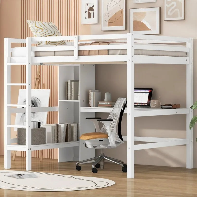 Lit mezzanine double avec bureau intégré et étagères de rangement multifonctionnelles, cadre de lit mezzanine en bois avec échelle et garde-corps
