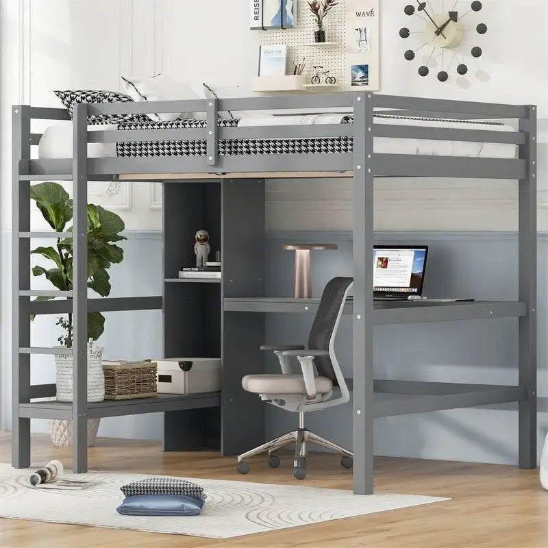 Lit mezzanine double avec bureau intégré et étagères de rangement multifonctionnelles, cadre de lit mezzanine en bois avec échelle et garde-corps