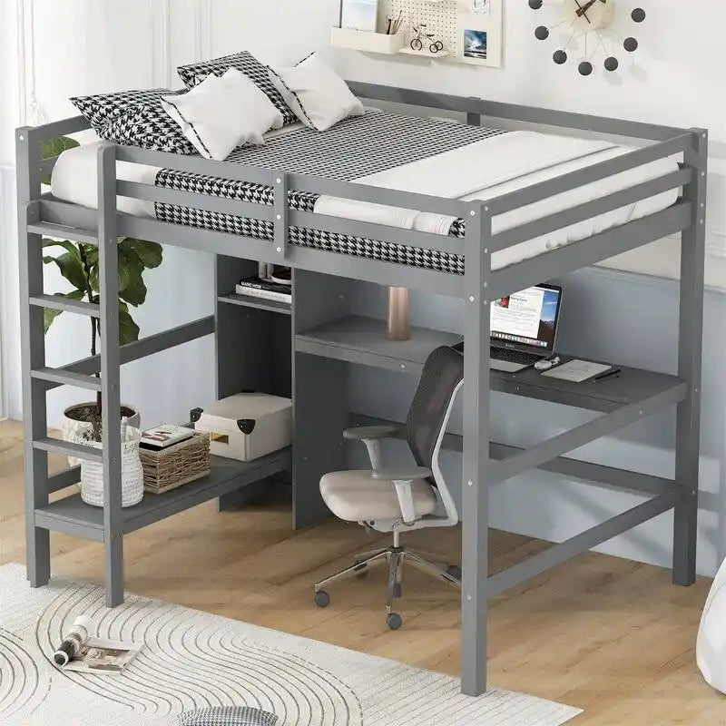 Lit mezzanine double avec bureau intégré et étagères de rangement multifonctionnelles, cadre de lit mezzanine en bois avec échelle et garde-corps