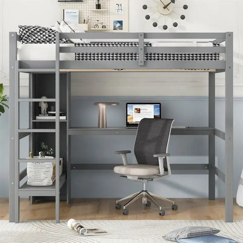 Lit mezzanine double avec bureau intégré et étagères de rangement multifonctionnelles, cadre de lit mezzanine en bois avec échelle et garde-corps