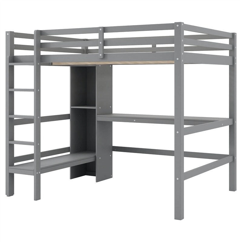 Lit mezzanine double avec bureau intégré et étagères de rangement multifonctionnelles, cadre de lit mezzanine en bois avec échelle et garde-corps
