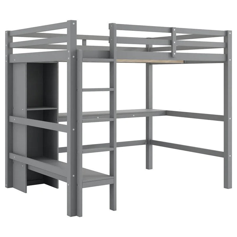 Lit mezzanine double avec bureau intégré et étagères de rangement multifonctionnelles, cadre de lit mezzanine en bois avec échelle et garde-corps