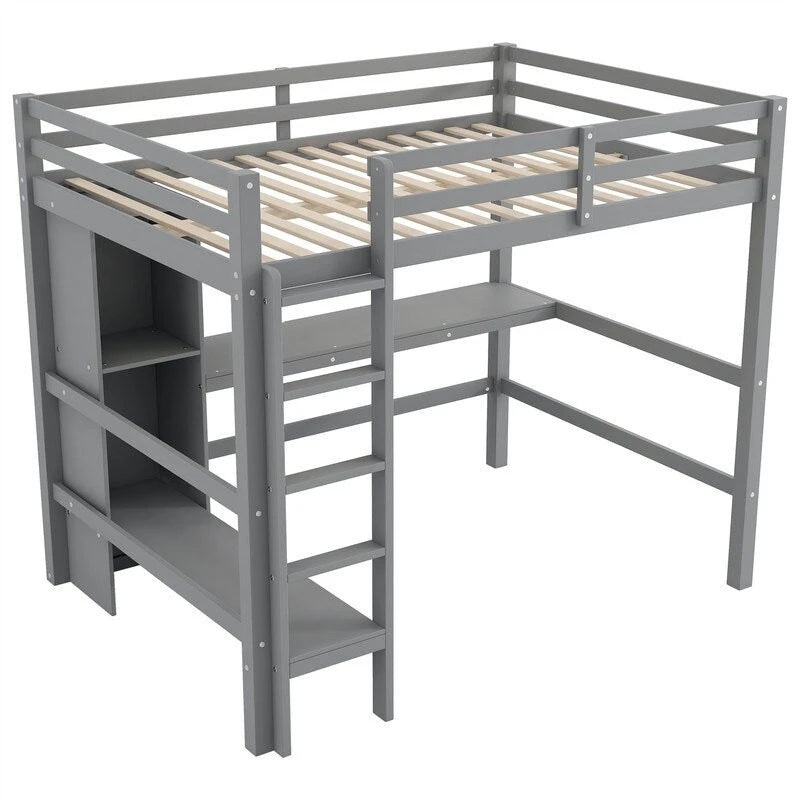 Lit mezzanine double avec bureau intégré et étagères de rangement multifonctionnelles, cadre de lit mezzanine en bois avec échelle et garde-corps