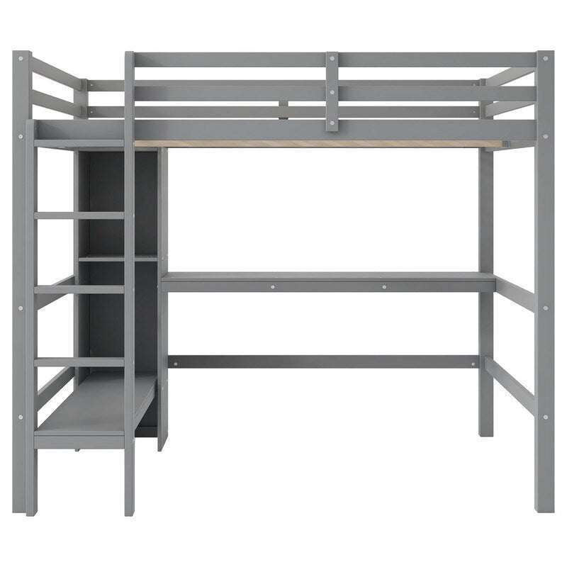 Lit mezzanine double avec bureau intégré et étagères de rangement multifonctionnelles, cadre de lit mezzanine en bois avec échelle et garde-corps