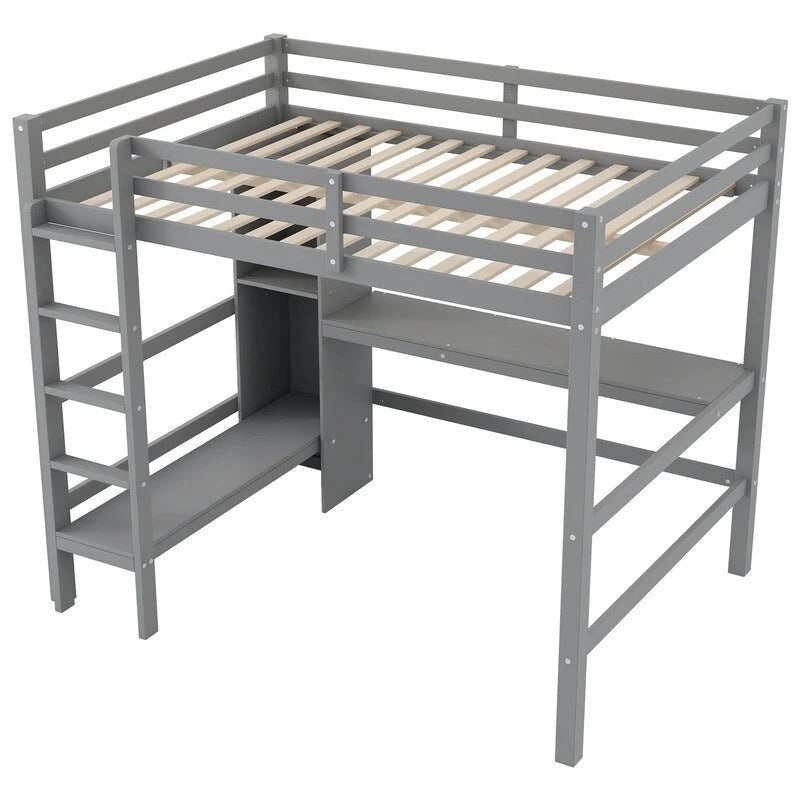 Lit mezzanine double avec bureau intégré et étagères de rangement multifonctionnelles, cadre de lit mezzanine en bois avec échelle et garde-corps