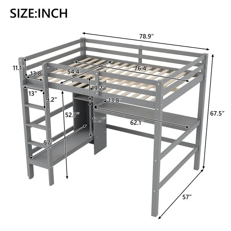 Lit mezzanine double avec bureau intégré et étagères de rangement multifonctionnelles, cadre de lit mezzanine en bois avec échelle et garde-corps