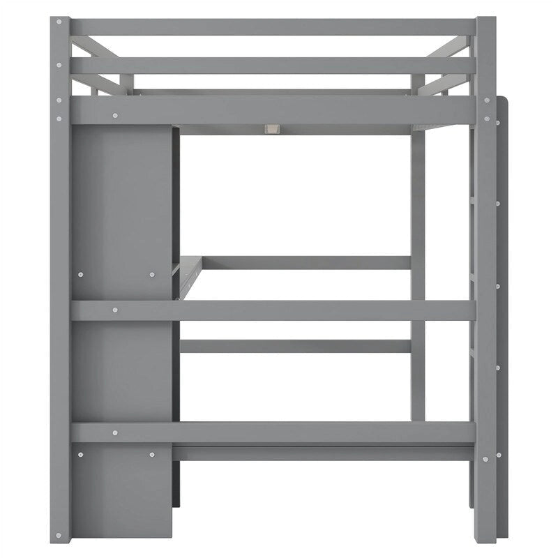 Lit mezzanine double avec bureau intégré et étagères de rangement multifonctionnelles, cadre de lit mezzanine en bois avec échelle et garde-corps