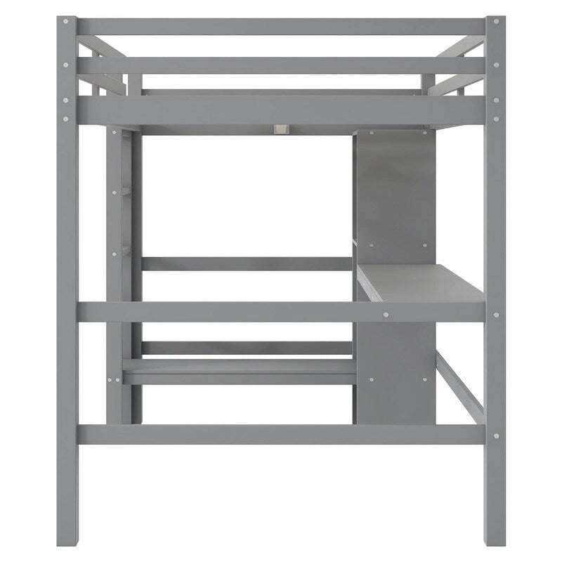 Lit mezzanine double avec bureau intégré et étagères de rangement multifonctionnelles, cadre de lit mezzanine en bois avec échelle et garde-corps
