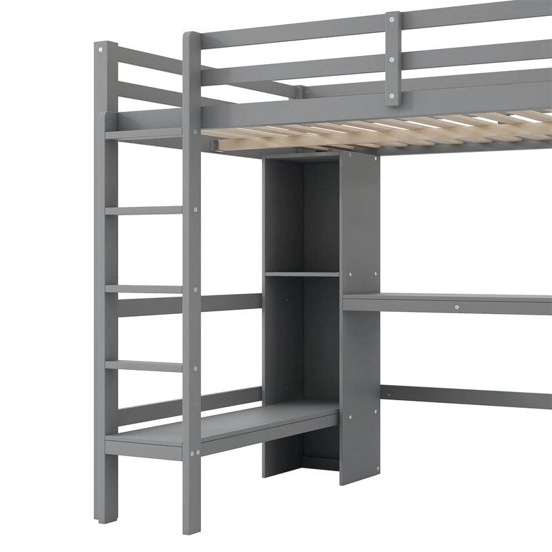 Lit mezzanine double avec bureau intégré et étagères de rangement multifonctionnelles, cadre de lit mezzanine en bois avec échelle et garde-corps