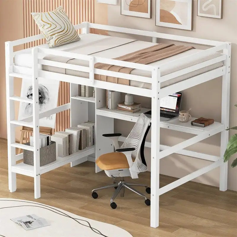 Lit mezzanine double avec bureau intégré et étagères de rangement multifonctionnelles, cadre de lit mezzanine en bois avec échelle et garde-corps