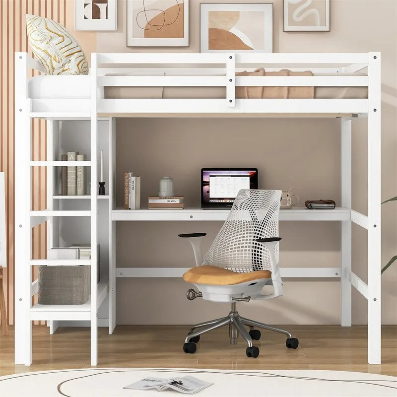 Lit mezzanine double avec bureau intégré et étagères de rangement multifonctionnelles, cadre de lit mezzanine en bois avec échelle et garde-corps