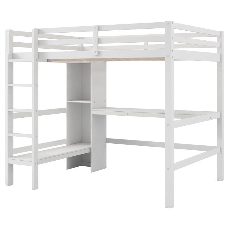 Lit mezzanine double avec bureau intégré et étagères de rangement multifonctionnelles, cadre de lit mezzanine en bois avec échelle et garde-corps