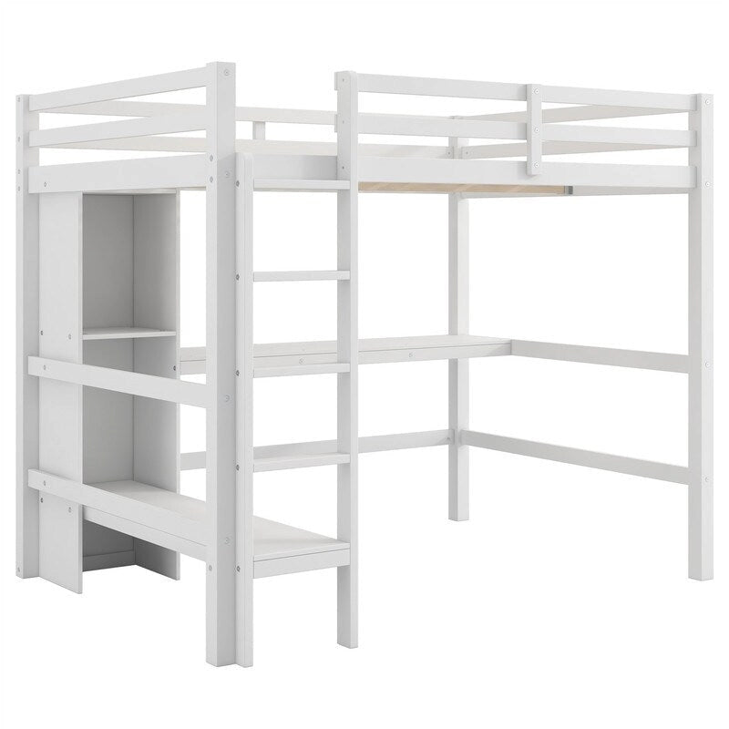 Lit mezzanine double avec bureau intégré et étagères de rangement multifonctionnelles, cadre de lit mezzanine en bois avec échelle et garde-corps