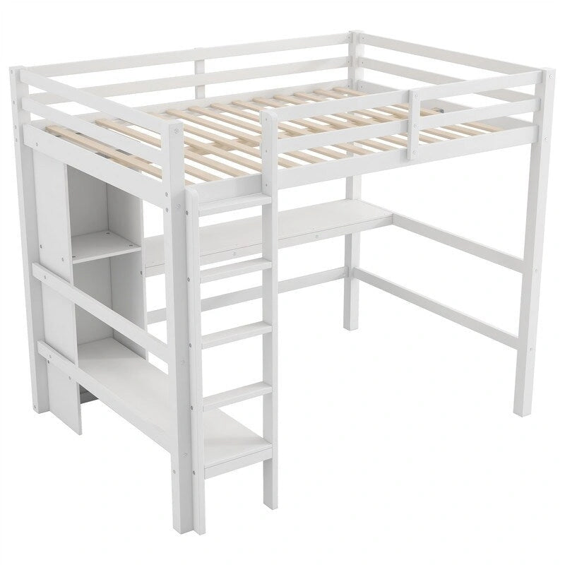 Lit mezzanine double avec bureau intégré et étagères de rangement multifonctionnelles, cadre de lit mezzanine en bois avec échelle et garde-corps
