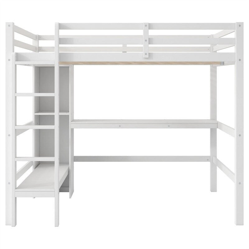 Lit mezzanine double avec bureau intégré et étagères de rangement multifonctionnelles, cadre de lit mezzanine en bois avec échelle et garde-corps