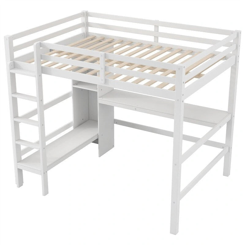 Lit mezzanine double avec bureau intégré et étagères de rangement multifonctionnelles, cadre de lit mezzanine en bois avec échelle et garde-corps