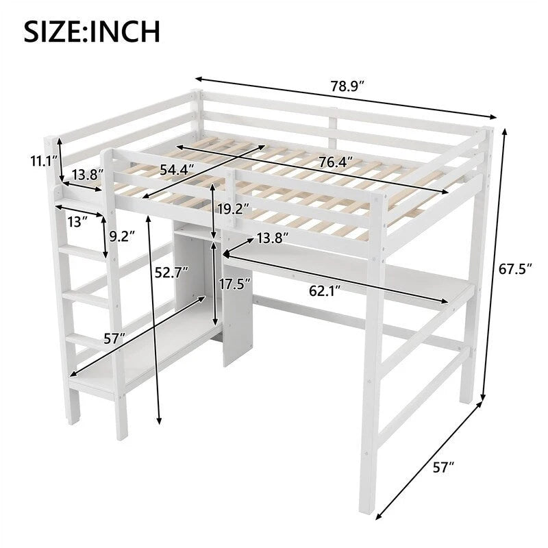 Lit mezzanine double avec bureau intégré et étagères de rangement multifonctionnelles, cadre de lit mezzanine en bois avec échelle et garde-corps