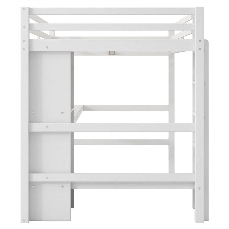 Lit mezzanine double avec bureau intégré et étagères de rangement multifonctionnelles, cadre de lit mezzanine en bois avec échelle et garde-corps