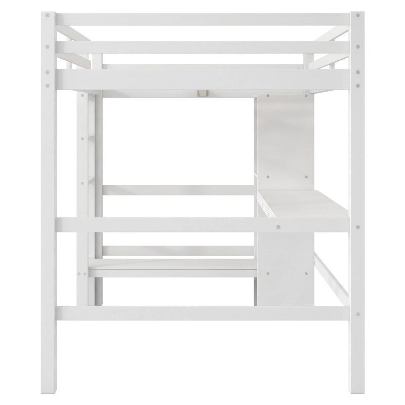 Lit mezzanine double avec bureau intégré et étagères de rangement multifonctionnelles, cadre de lit mezzanine en bois avec échelle et garde-corps