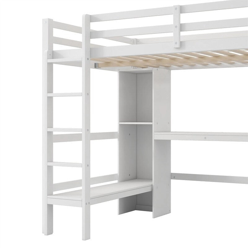 Lit mezzanine double avec bureau intégré et étagères de rangement multifonctionnelles, cadre de lit mezzanine en bois avec échelle et garde-corps