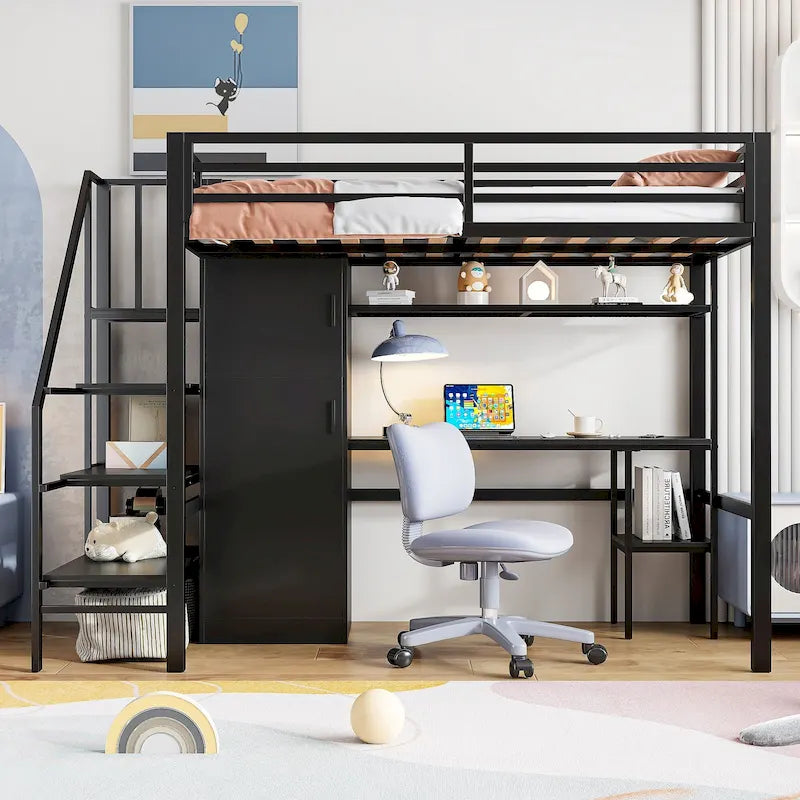 Lit mezzanine double avec bureau et étagère de rangement, lit mezzanine en métal avec barrières de sécurité, escalier de rangement et armoire pour enfants et adolescents