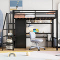 Lit mezzanine double avec bureau et étagère de rangement, lit mezzanine en métal avec barrières de sécurité, escalier de rangement et armoire pour enfants et adolescents