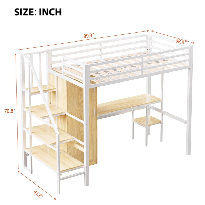 Lit mezzanine double avec bureau et étagère de rangement, lit mezzanine en métal avec barrières de sécurité, escalier de rangement et armoire pour enfants et adolescents