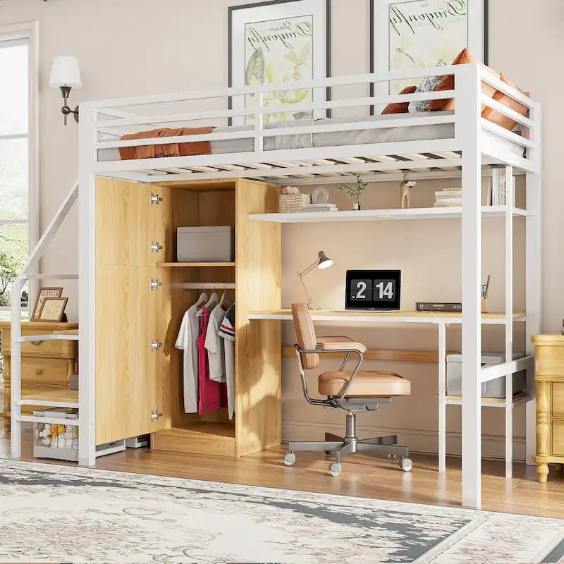 Lit mezzanine double avec bureau et étagère de rangement, lit mezzanine en métal avec barrières de sécurité, escalier de rangement et armoire pour enfants et adolescents