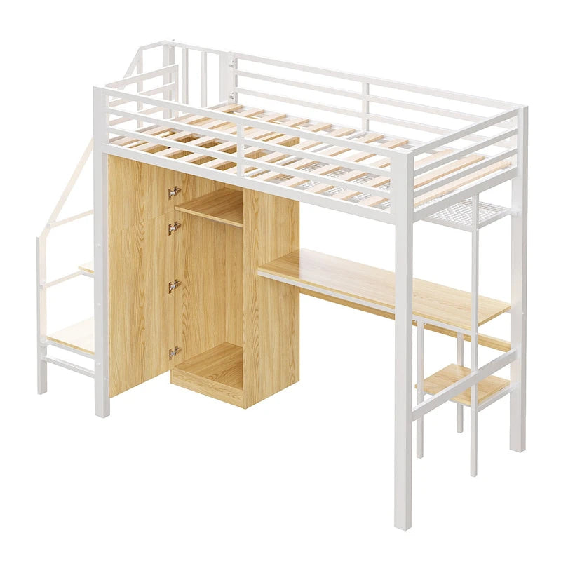 Lit mezzanine double avec bureau et étagère de rangement, lit mezzanine en métal avec barrières de sécurité, escalier de rangement et armoire pour enfants et adolescents