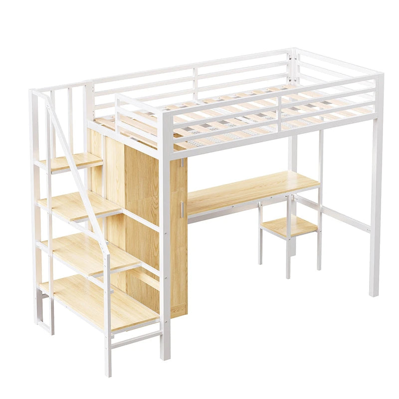 Lit mezzanine double avec bureau et étagère de rangement, lit mezzanine en métal avec barrières de sécurité, escalier de rangement et armoire pour enfants et adolescents
